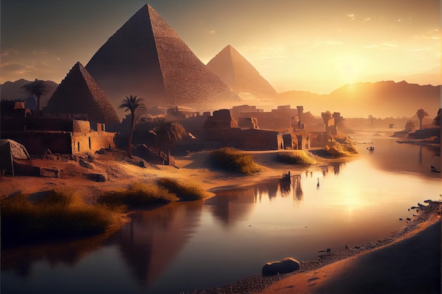 Ilustracja malownicza wielkich piramid i rzeki Nil AI