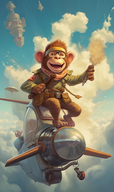 Ilustracja małpy w samolocie z generatywnym ai kombinezonu pilota