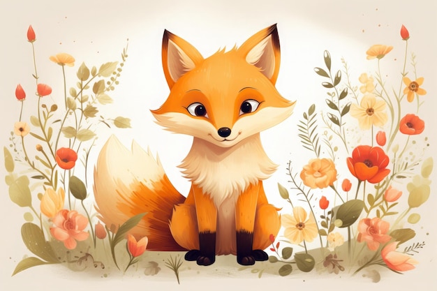 Ilustracja mały lis z kwiatami dla dzieci