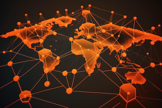 Ilustracja mapy globalnej z kontaktami sieciowymi pomarańczowym tłem Generacyjna sztuczna inteligencja