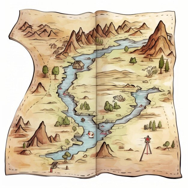Ilustracja mapy z jeziornymi górami i namiotem
