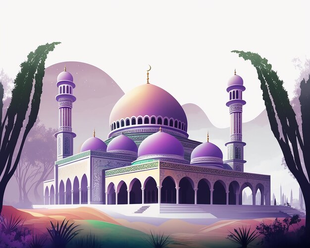 ilustracja meczetu Isra Miraj z latarnią dla Ramadanu i Eid Mubarak