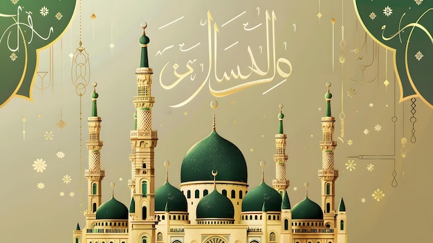 Ilustracja meczetu w zielonym i złotym kolorze z arabską czcionką