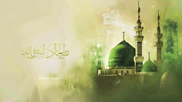 Ilustracja meczetu w zielonym i złotym kolorze z arabską czcionką