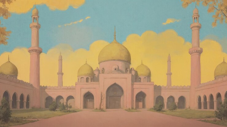 Zdjęcie ilustracja meczetu ze złotymi kopułami, minaretami i dziedzińcem