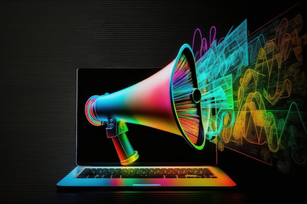 Zdjęcie ilustracja megafonu na ciemnym tle ekranu laptopa z kolorowymi neonami generative ai
