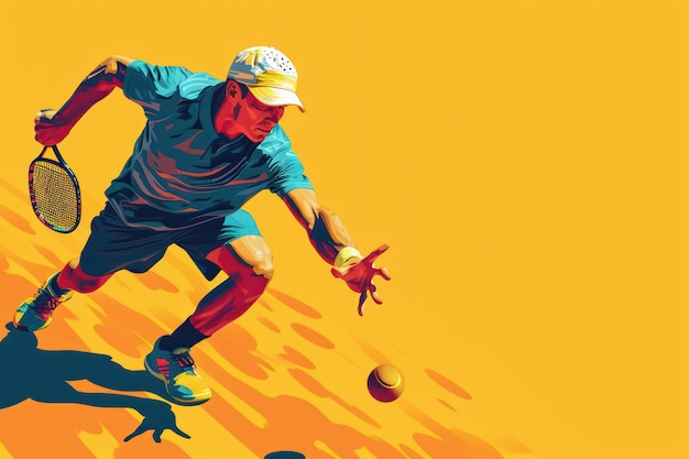 Zdjęcie ilustracja męskiego gracza w pickelball sięgającego po piłkę na żółtym tle