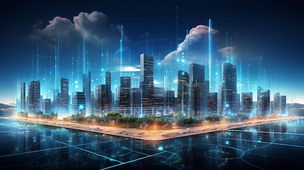 Ilustracja metropolii przyszłości drapacze chmur neon niebieski blask turkusowy telekomunikacja