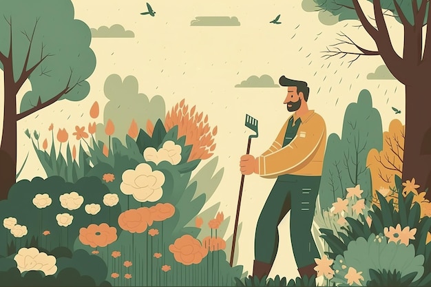 Ilustracja mężczyzny pracującego w ogrodzie podczas wiosennych porządków Sadzenie kwiatów i ziół