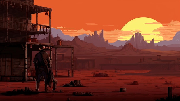 ilustracja mężczyzny stojącego przed budynkiem na pustyni generatywnej AI