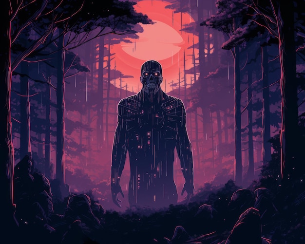 ilustracja mężczyzny stojącego w środku lasu