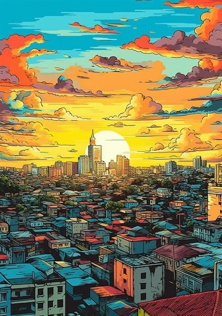 Ilustracja miasta z zachodem słońca w tle generatywna ai