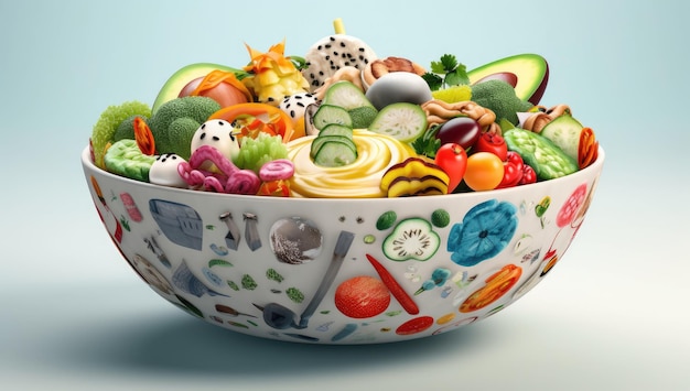 Ilustracja miski w stylu japońskim wypełnionej różnymi świeżymi warzywami i owocami Generacyjna sztuczna inteligencja