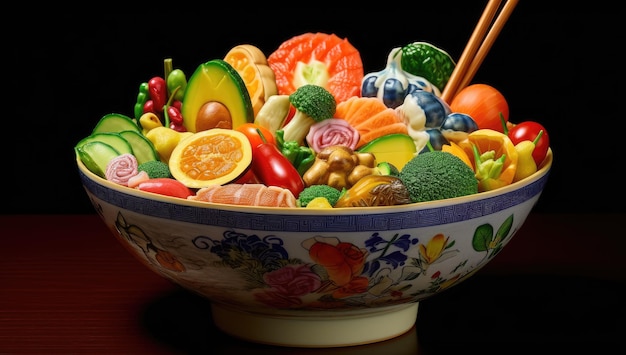 Ilustracja miski w stylu japońskim wypełnionej różnymi świeżymi warzywami i owocami Generacyjna sztuczna inteligencja