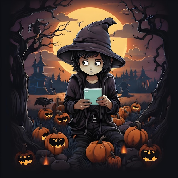 Ilustracja młodego chłopca w zabawnym poście w mediach społecznościowych na imprezę z okazji Halloween