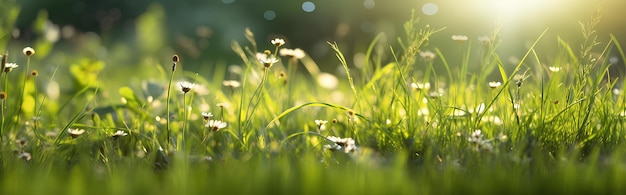 Ilustracja młodej soczystej zielonej trawy z białymi pączkami Macro bokeh światło słoneczne AI