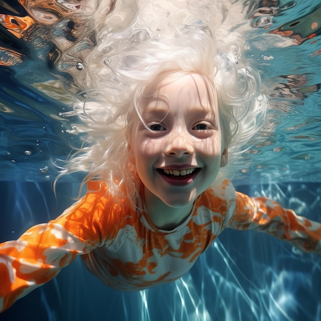ilustracja młodej uśmiechniętej dziewczyny z siwymi włosami pływającej pod wodą