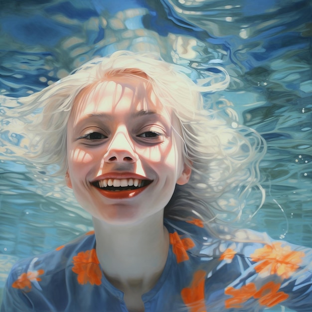 Zdjęcie ilustracja młodej uśmiechniętej dziewczyny z siwymi włosami pływającej pod wodą