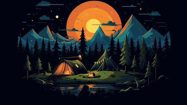 Ilustracja Moonlit Camping AIGenerated Nighttime Lunar Adventure