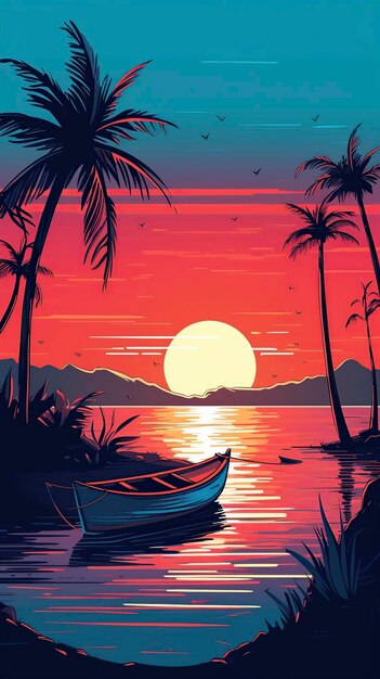 ilustracja morza w letniej plaży z drzewami palmowymi i łodzią