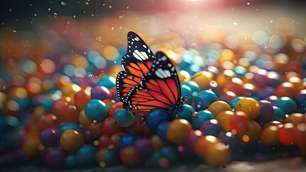 Zdjęcie ilustracja motyla siedzącego na kolorowym balonie