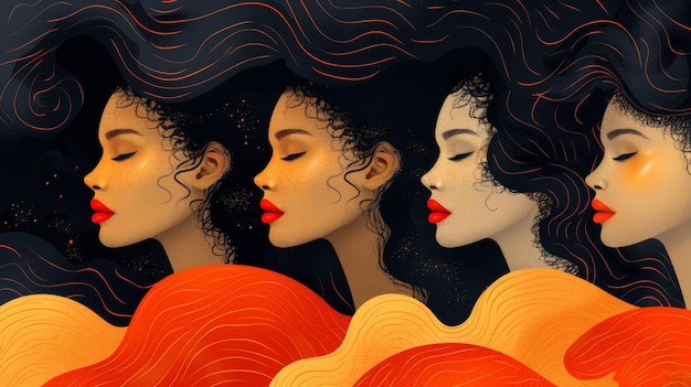 Ilustracja multietnicznego baneru kobiet przedstawiającego grupę pięknych kobiet o różnych odcieniach skóry, oczach i kolorach włosów Koncepcja kobiecości, kobiecość, niezależności i równości jest