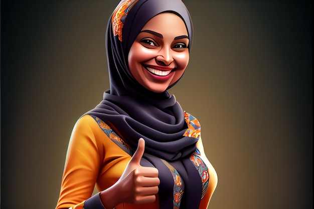 Ilustracja muzułmańskiej kobiety pokazującej aprobaty i uśmiech
