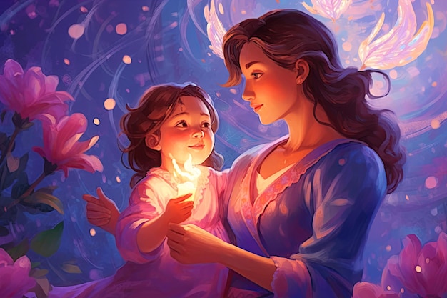 Ilustracja na Dzień Matki Uścisk matki i dziecka otoczony magiczną poświatą i kwiatami Generative AI