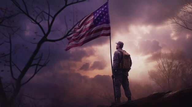 Ilustracja na Dzień Niepodległości Stanów Zjednoczonych 4 lipca Żołnierz z amerykańską flagą pod pięknym słońcem Generacyjna sztuczna inteligencja