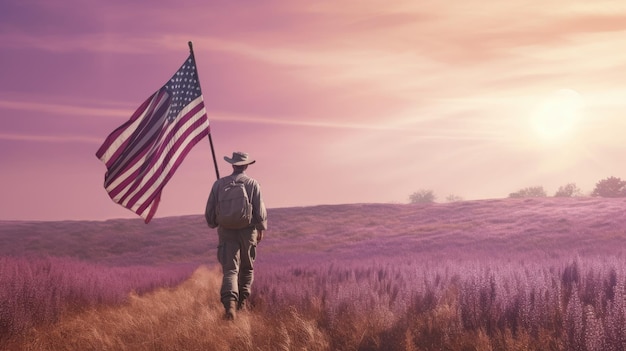 Ilustracja na Dzień Niepodległości Stanów Zjednoczonych 4 lipca Żołnierz z amerykańską flagą pod pięknym słońcem Generacyjna sztuczna inteligencja