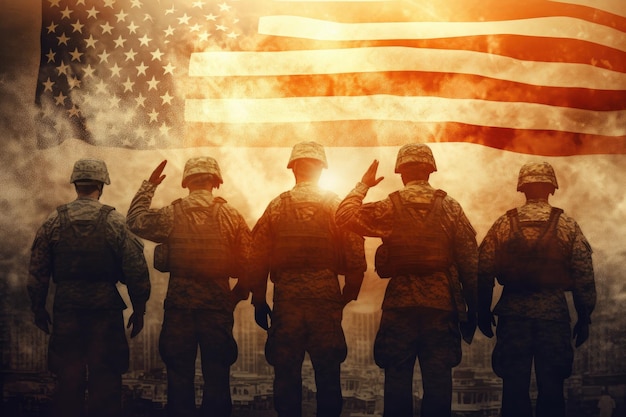Ilustracja na Dzień Niepodległości Stanów Zjednoczonych 4 lipca Żołnierze z amerykańską flagą pod pięknym słońcem Generacyjna sztuczna inteligencja