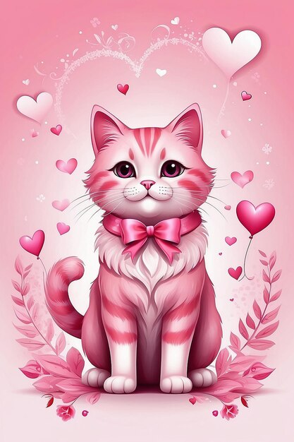 Ilustracja na Dzień Świętego Walentynki z uroczym różowym kotem na tle miłosnym nadaje się do wizytówki, kartki powitalnej i