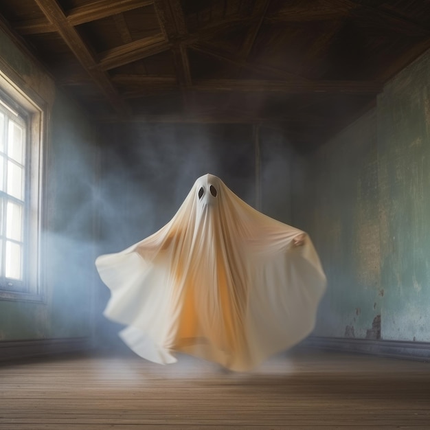 Ilustracja na Halloween Duch ubrany w biały kostium stojący na drewnianej podłodze w stylu jasnopomarańczowego i ciemnoszarego Generative AI