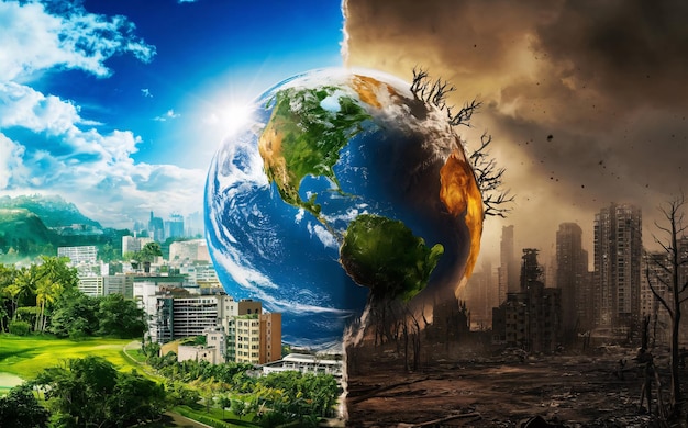 Ilustracja na podzielonym ekranie globalnego ocieplenia i zmiany klimatu na Ziemi