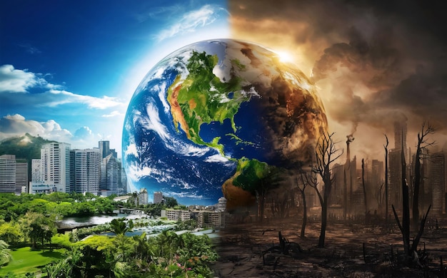 Ilustracja na podzielonym ekranie globalnego ocieplenia i zmiany klimatu na Ziemi