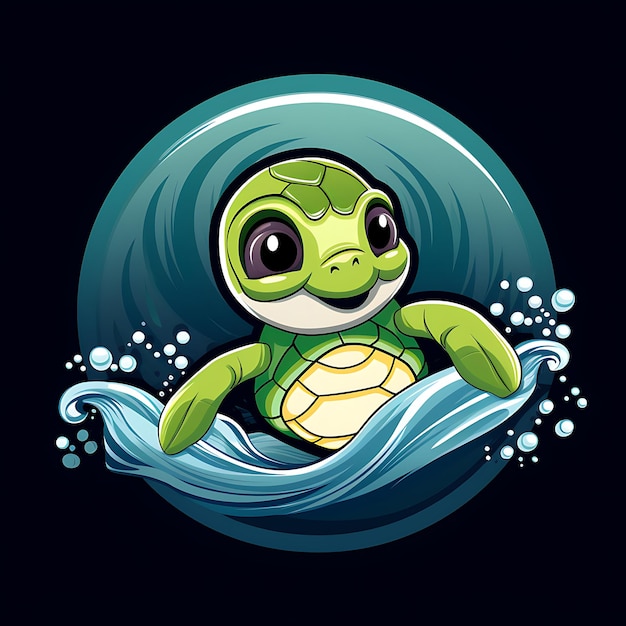 ilustracja naklejki z logo słodkiego żółwia z falami