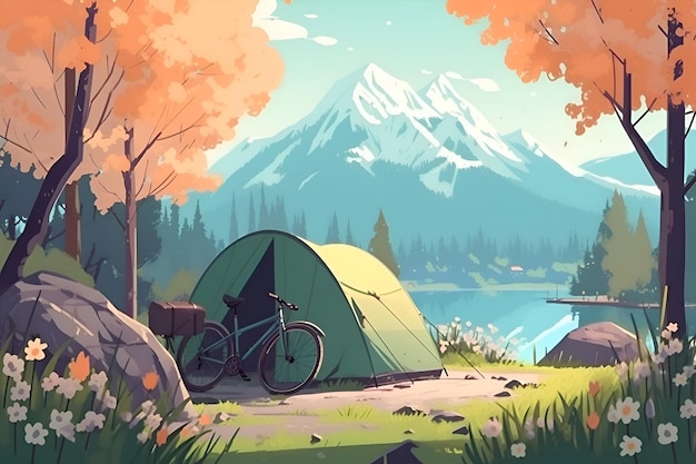Ilustracja namiotu turystycznego w pobliżu górskiego jeziora Generative AI 1