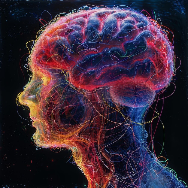 Ilustracja neonowego mózgu z połączeniami neuronowymi sztuczna inteligencja z impulsami elektrycznymi ChatGPT cyberpunk data center brainstorming