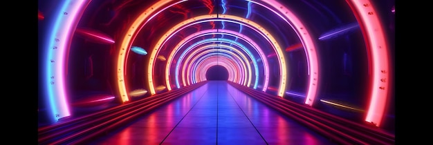 Ilustracja neonowego tęczowego tunelu Projektowanie poziomów Fala retro Retrofuturyzm Scena gry scifi Warp tube Generatywne ai