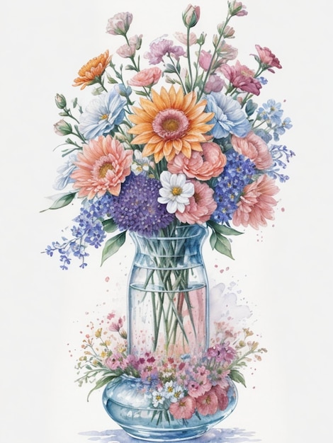 ilustracja neutralnego odcienia, urzekająca akwarela przedstawiająca żywy bukiet kwiatów