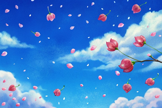 Ilustracja niebieskiego nieba i spadających płatków kwiatów wiśni na tle japońskiej sakury