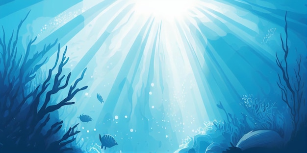 Ilustracja niebieskiego oceanu z rybą pływającą pod wodą.