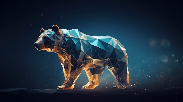 Ilustracja niedźwiedzia w wielokątnej ramie drutowej w stylu świecącego oświetlenia