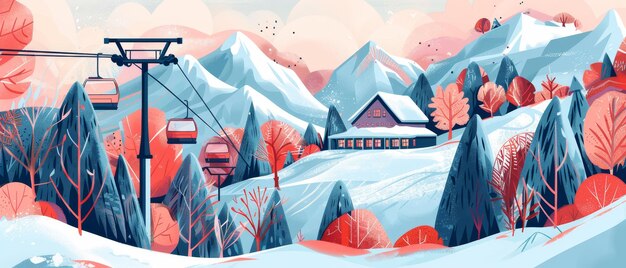 Ilustracja nienaruszonej przyrody i zimowych gór w płaskim stylu kreskówki przedstawiająca śnieżną scenę w windzie i kolejce linkowej ośrodka narciarskiego czerwony dom ze pokrytym śniegiem dachem i czerwony dom z