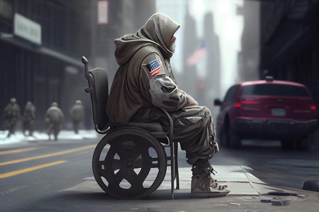 Ilustracja niepełnosprawnego żołnierza siedzącego na wózku inwalidzkim w ai downdown street
