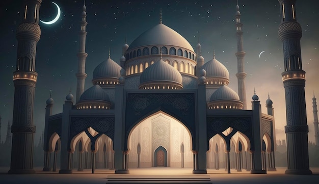 Ilustracja niesamowitego projektu architektury muzułmańskiego meczetu ramadan kareem islamska architektura tło ramadan kareem islamski meczet Ramdan ramzan eid kultura arabska Generuj Ai
