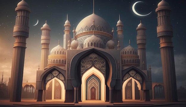 Ilustracja niesamowitego projektu architektury muzułmańskiego meczetu ramadan kareem islamska architektura tło ramadan kareem islamski meczet Ramdan ramzan eid kultura arabska Generuj Ai