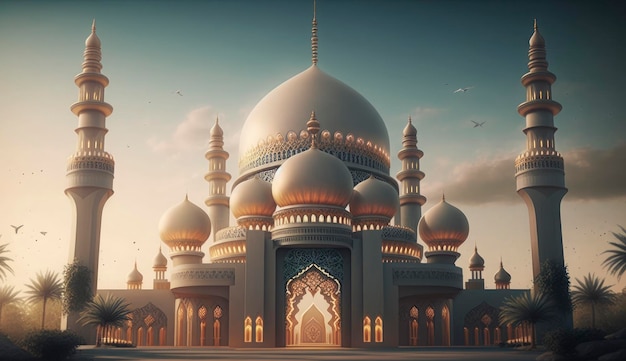 Ilustracja niesamowitego projektu architektury muzułmańskiego meczetu ramadan kareem islamska architektura tło ramadan kareem islamski meczet Ramdan ramzan eid kultura arabska Generuj Ai