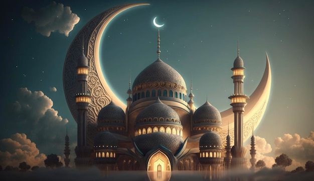 Ilustracja niesamowitego projektu architektury muzułmańskiego meczetu ramadan kareem islamska architektura tło ramadan kareem islamski meczet Ramdan ramzan eid kultura arabska Generuj Ai