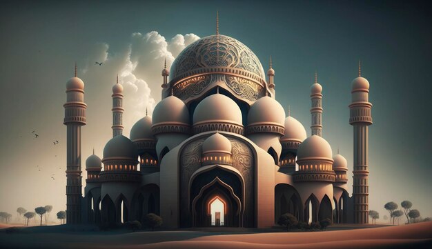 Ilustracja niesamowitego projektu architektury muzułmańskiego meczetu ramadan kareem islamska architektura tło ramadan kareem islamski meczet Ramdan ramzan eid kultura arabska Generuj Ai